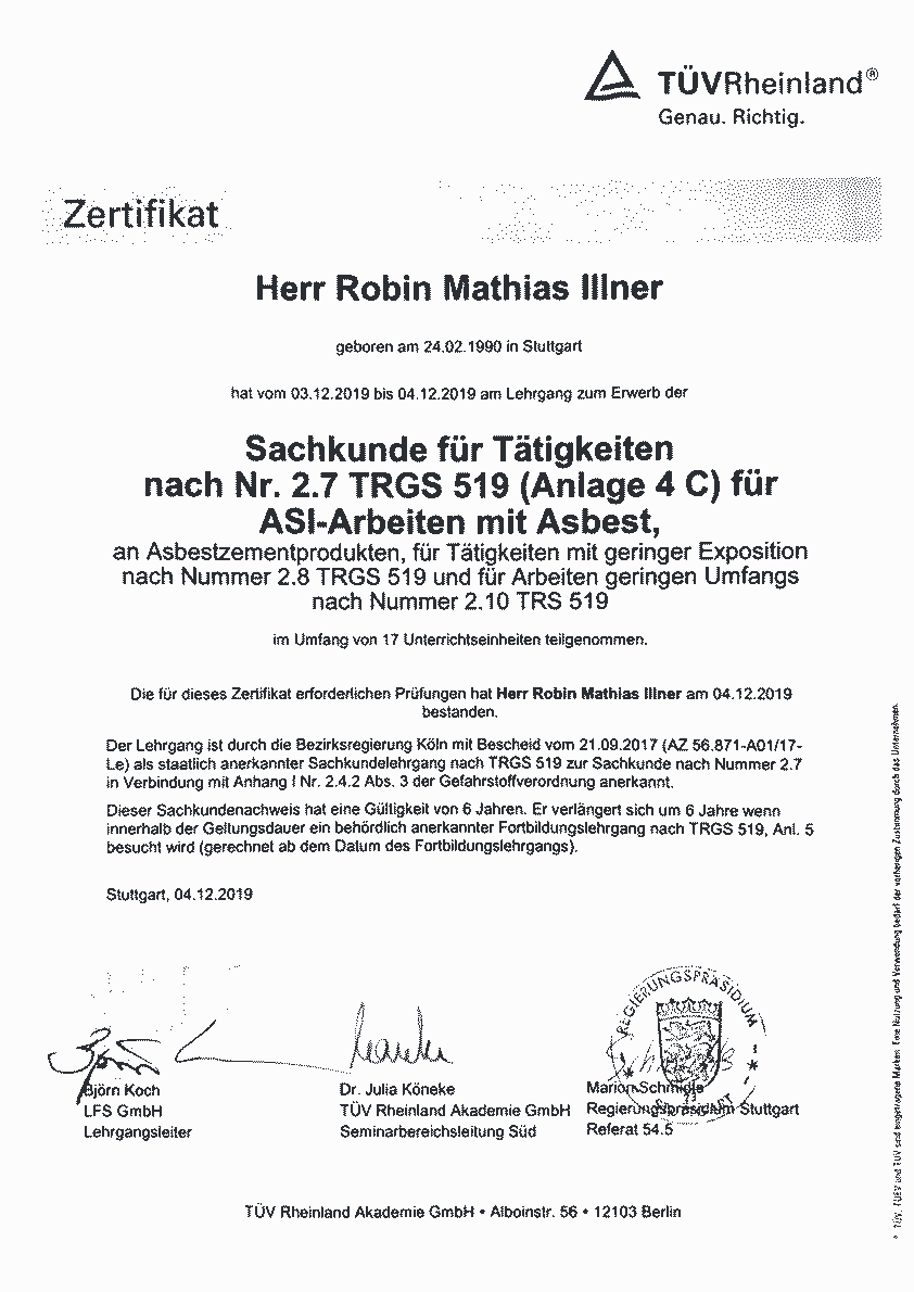 Sachkunde für Tätigkeiten nach 2.7 TRGS